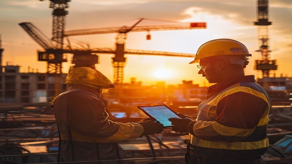 Engenheiro de obra revisa tablet em canteiro, simbolizando a gestão de cronogramas em um mercado da construção aquecido em Curitiba.