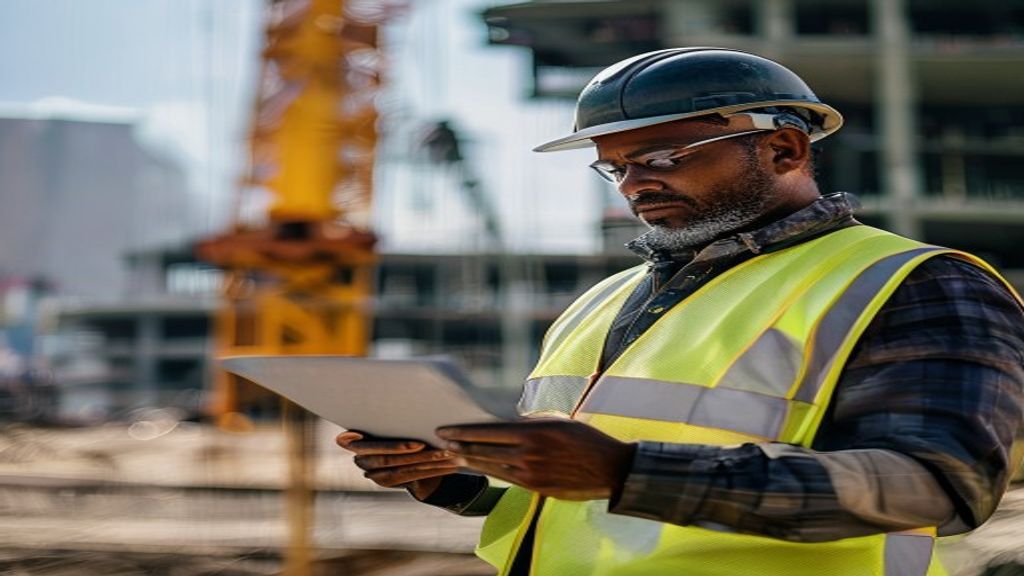 Engenheiro ou gerente de obras revisando documentos legais em um canteiro de obras, ilustrando a atenção necessária às novas decisões do TST.