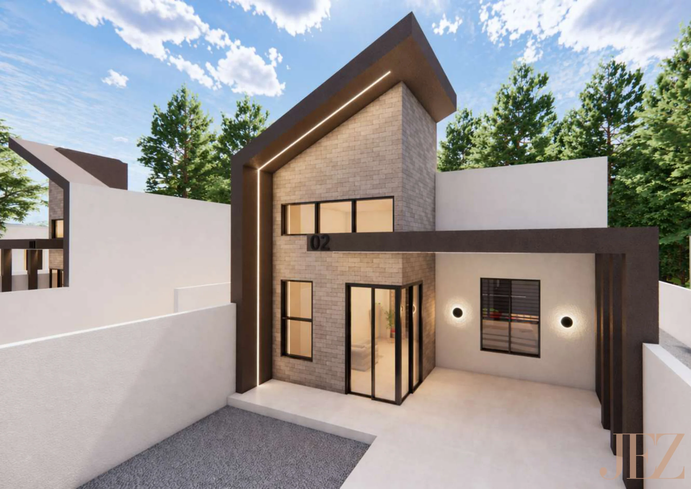 Casa 02 — detalhe da fachada com iluminação linear