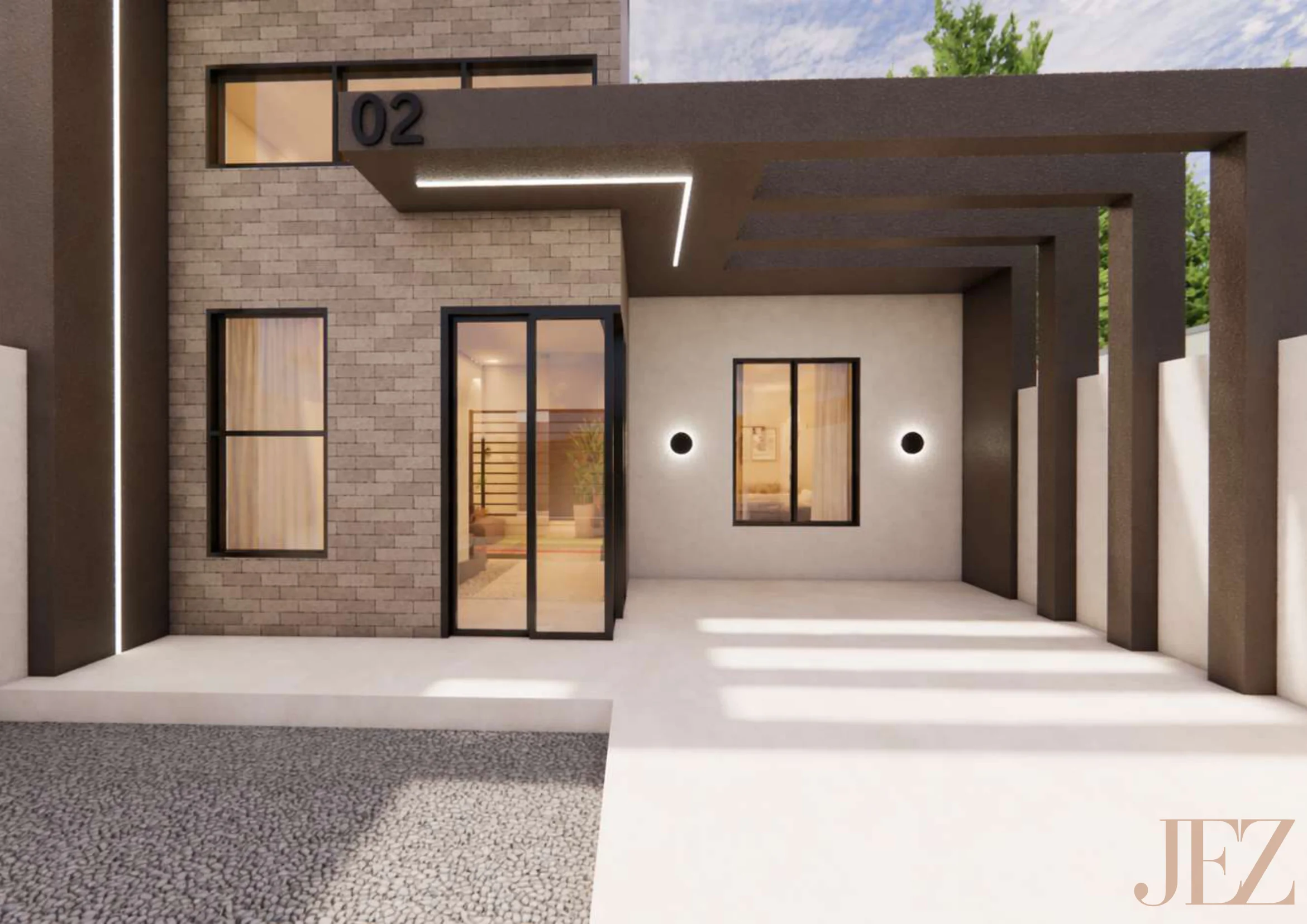 Casa 02 — entrada com pergolado e iluminação noturna