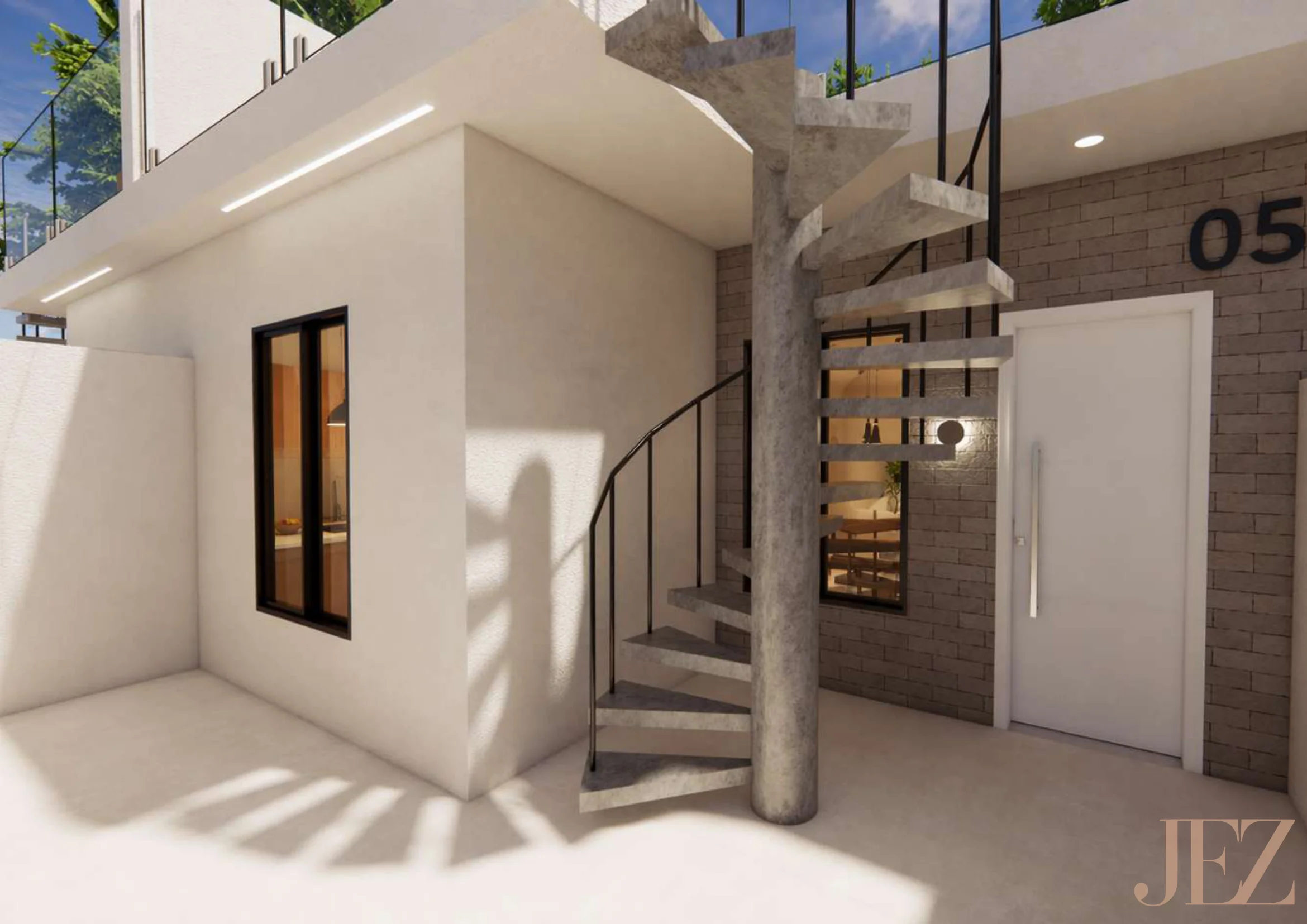 Casa 05 — detalhe da escada caracol em concreto
