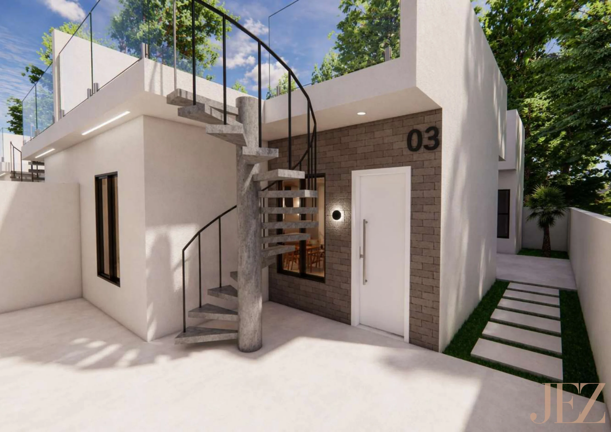 Casa 03 — pátio externo com escada caracol