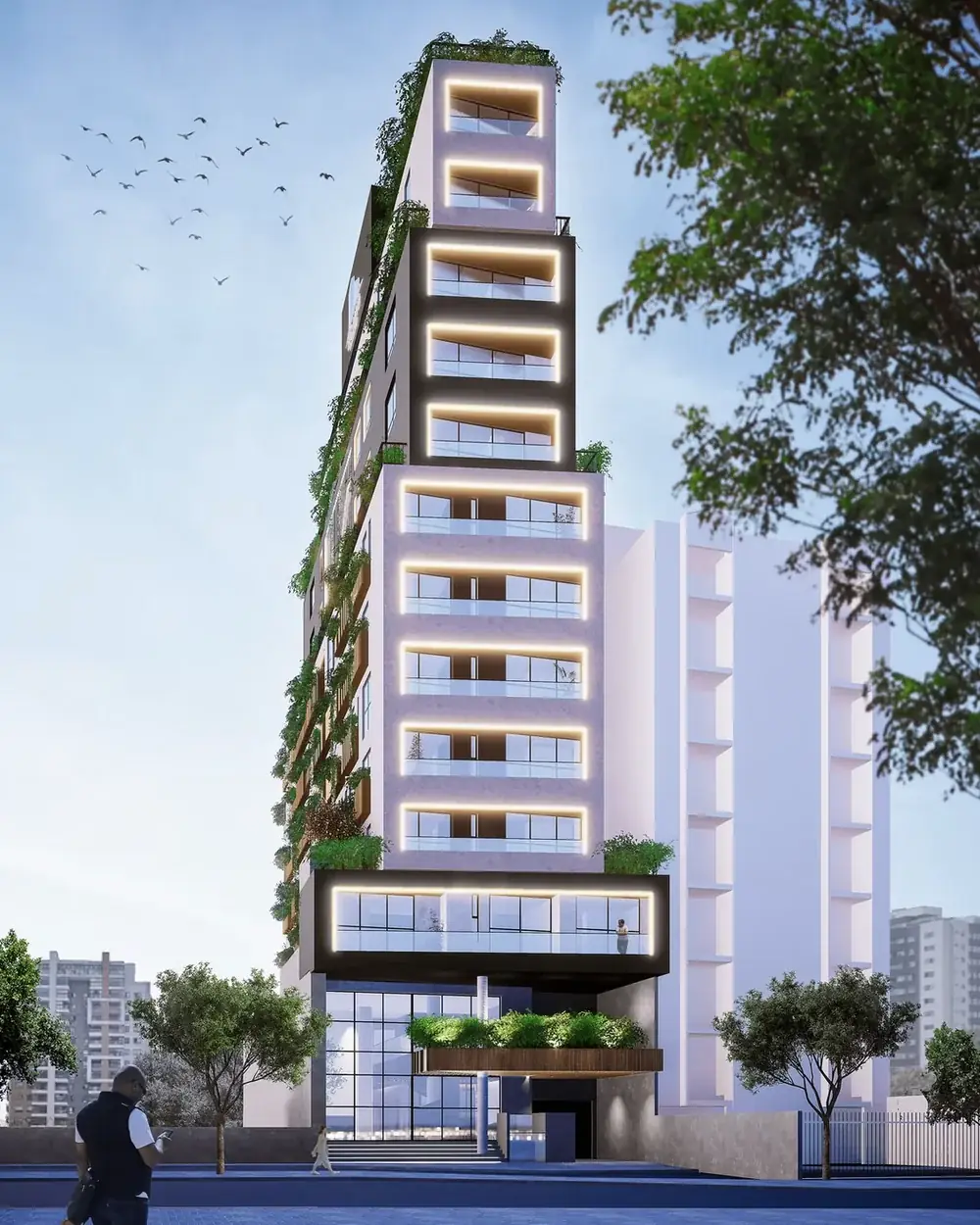 Obra predial residencial com vedação em bloco cerâmico executada por equipe de pedreiros — mão de obra CLT da Shark Construtora