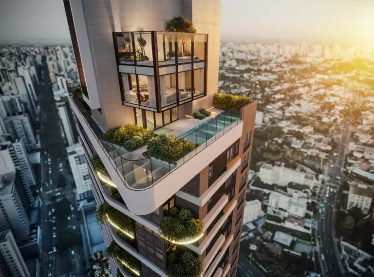 Torre residencial em Curitiba com estrutura concluída — obra onde a Shark Construtora atuou como empreiteira de mão de obra CLT